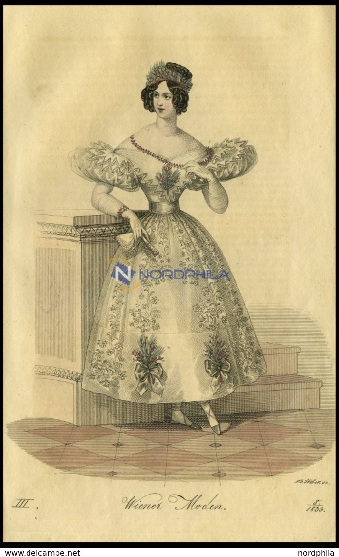 Wiener-Moden - Kleid Von Gesticktem Crepp Mit Schmalen Blondchen Und Atlasbändern Verziert Von J.G. Beer, Dazu Korallenb - Litografia