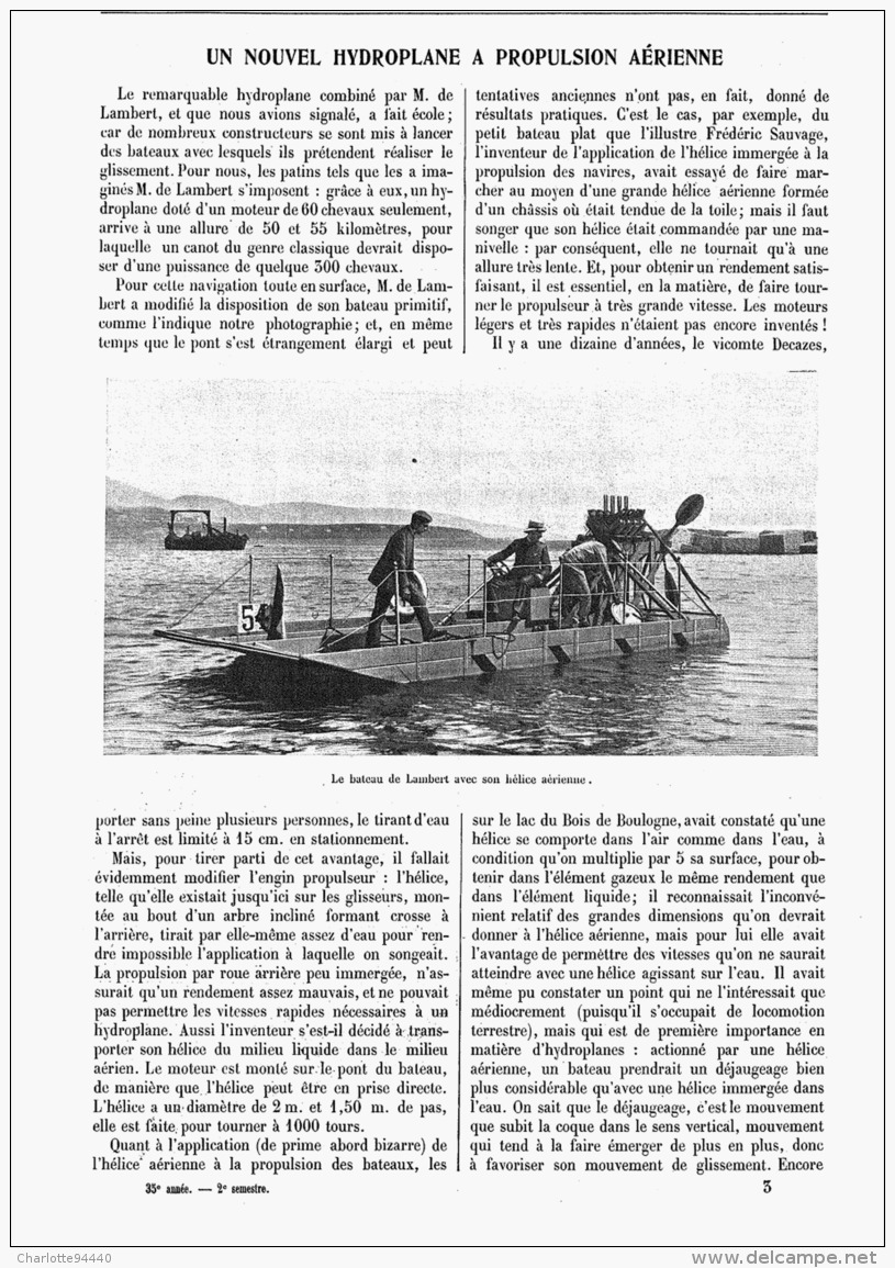 UN NOUVEL HYDROPLANE à PROPULSION AERIENNE   1907 - Autres & Non Classés