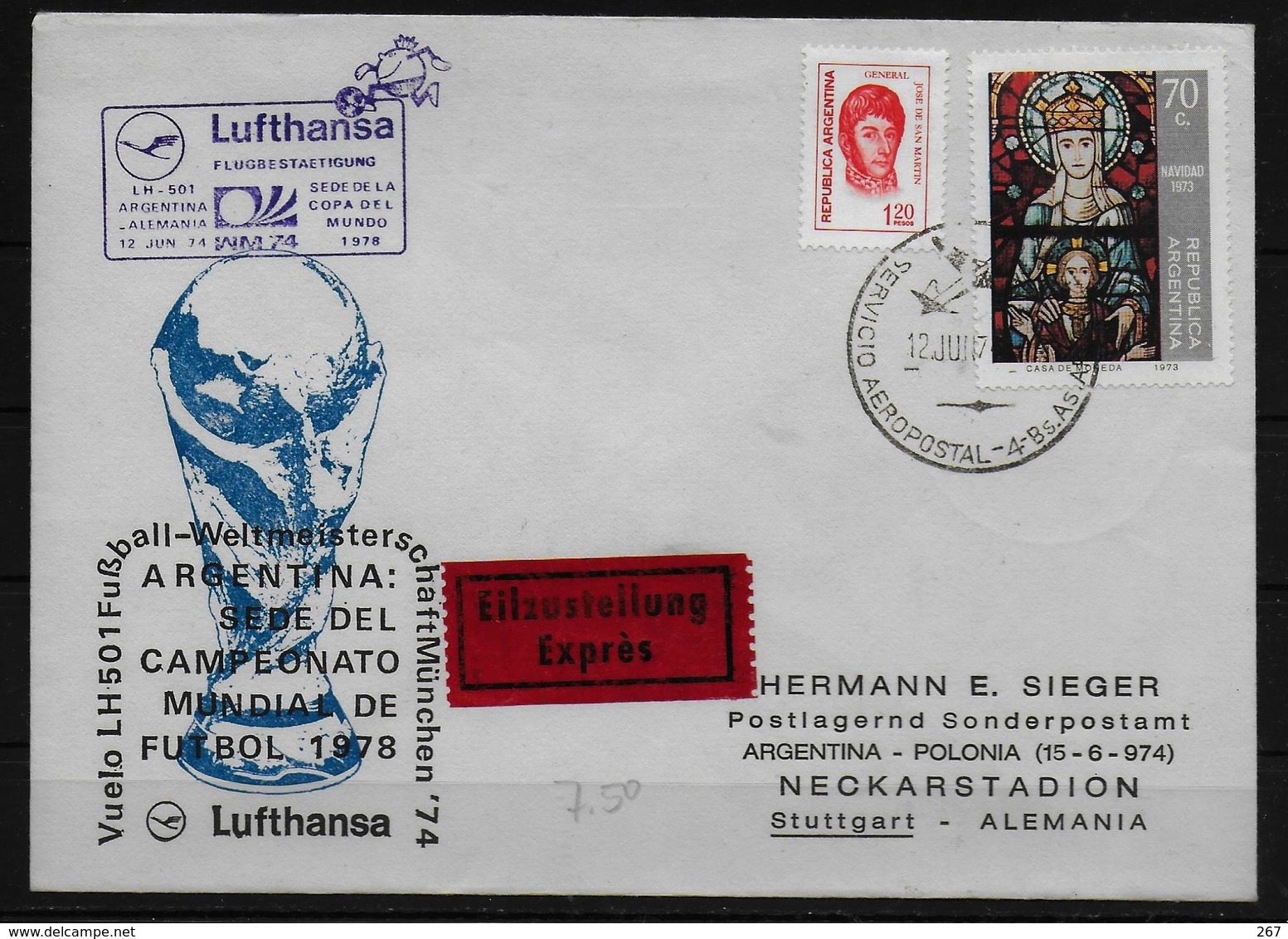 ARGENTINE  Lettre Aeropostal  Cup  1974    Football  Soccer  Fussball - 1974 – Germania Ovest