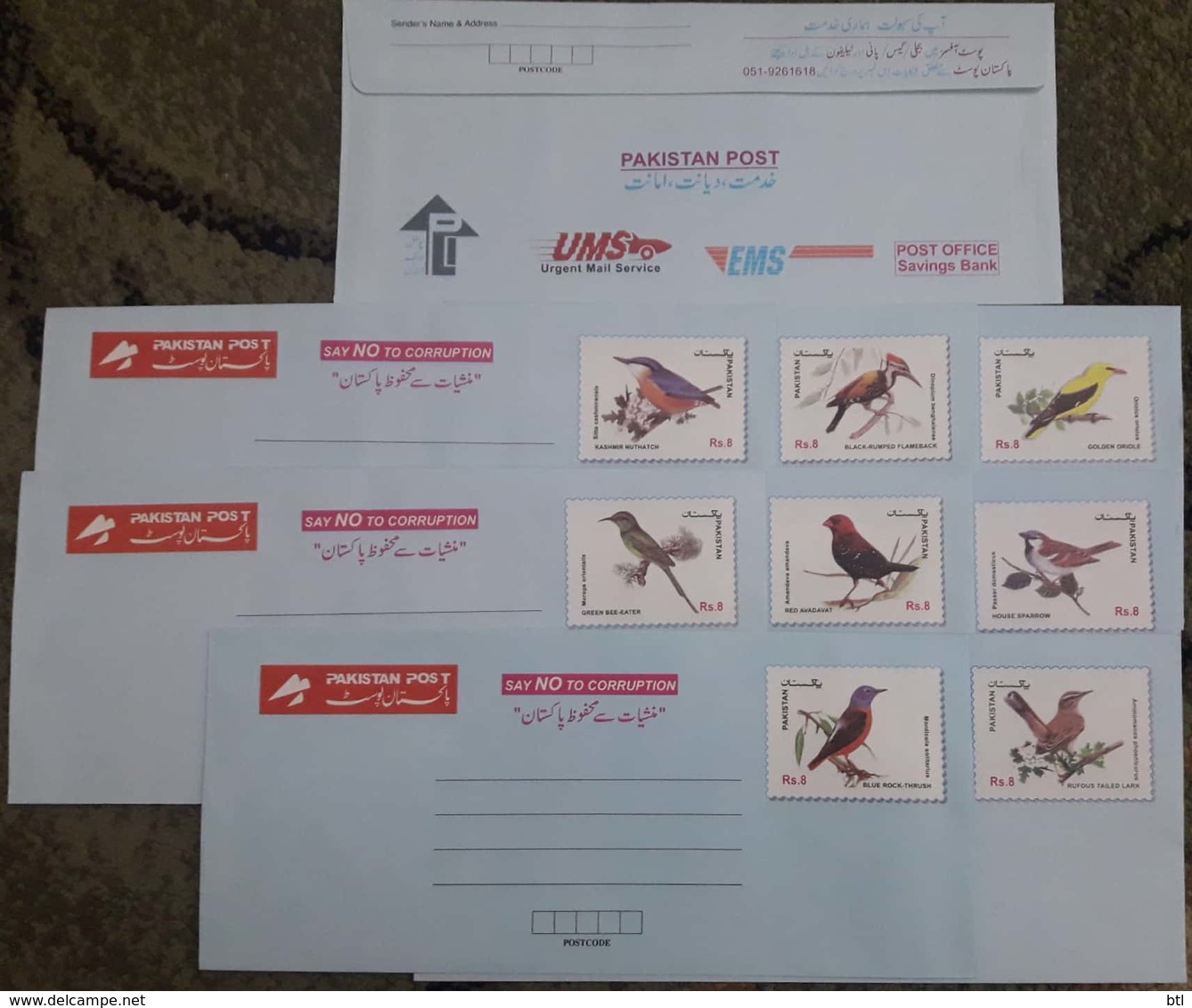 3rd Series 8 Different Birds Postal Envelopes (Pak Post Logo Front Side) - Other & Unclassified