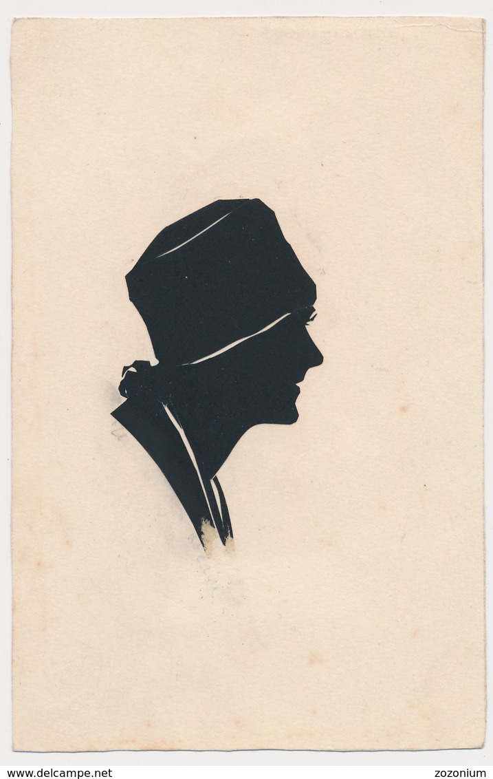 Silhouette Hat Woman Femme Avec Chapeau Original Vintage Hand Made Silouette Siluette  Old Card - Silhouettes