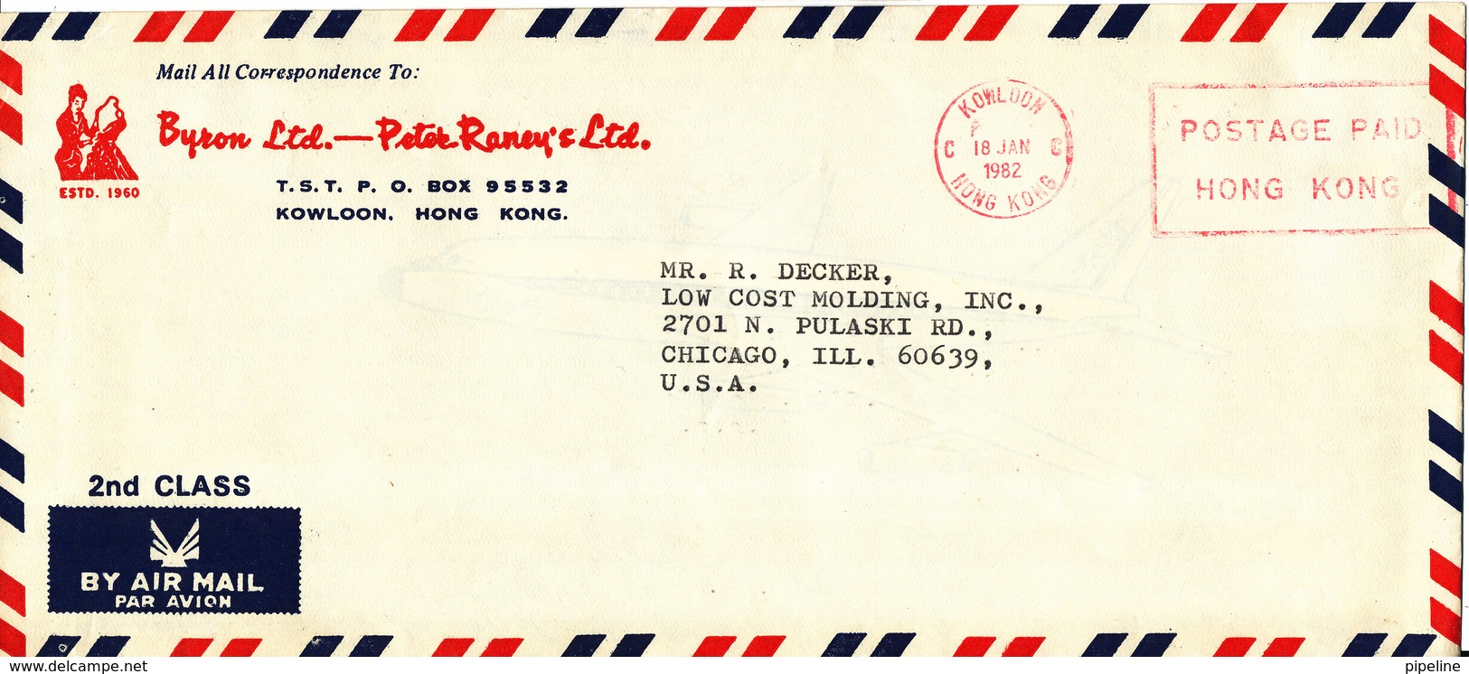 Hong Kong Air Mail Cover With Meter Cancel  Sent To USA Kowloon 18-1-1982 - Unused Stamps