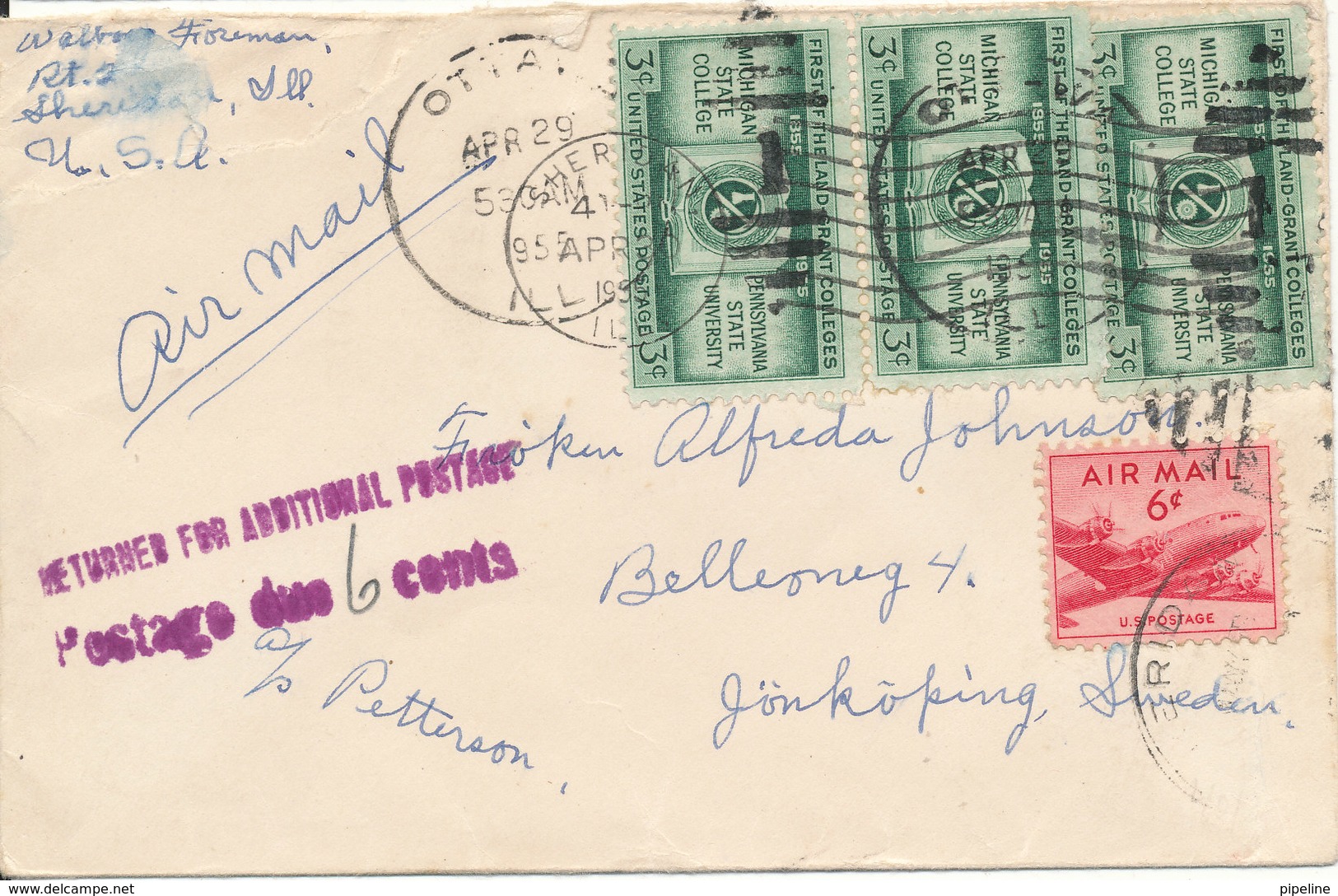 USA Cover Sent To Sweden 29-4-1955 Returned For Additional Postage - Covers & Documents