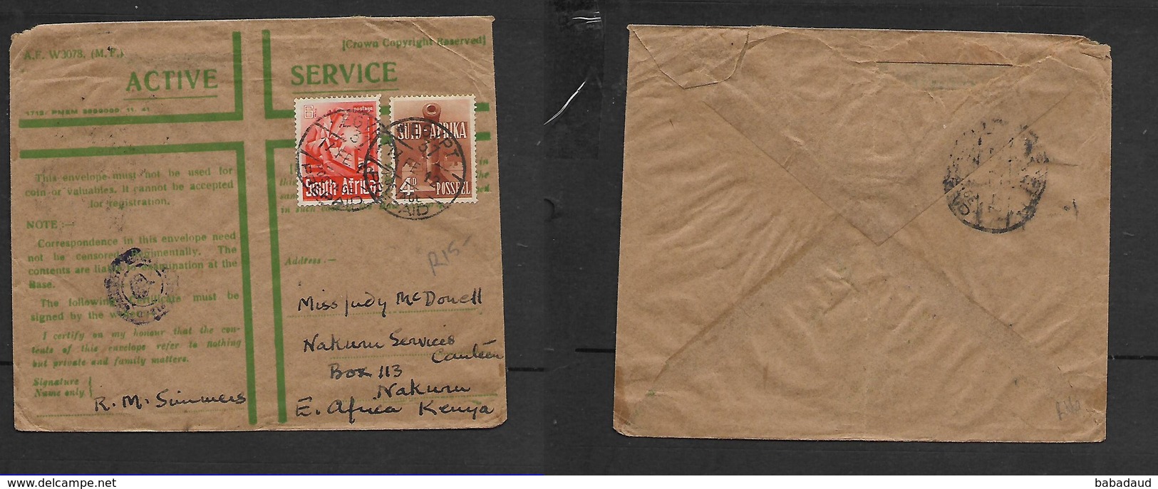 South Africa,  WWII,Active Service Env. 10d, EGYPTE 37 17 FE 42 POSTAGE PREPAID >Nakuru, Kenya - Covers & Documents