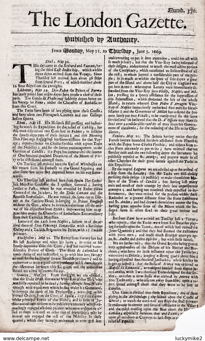 1669 London Gazette, Number 370,  An Early, Single Sheet Newspaper.  Ref 0581 - Historical Documents