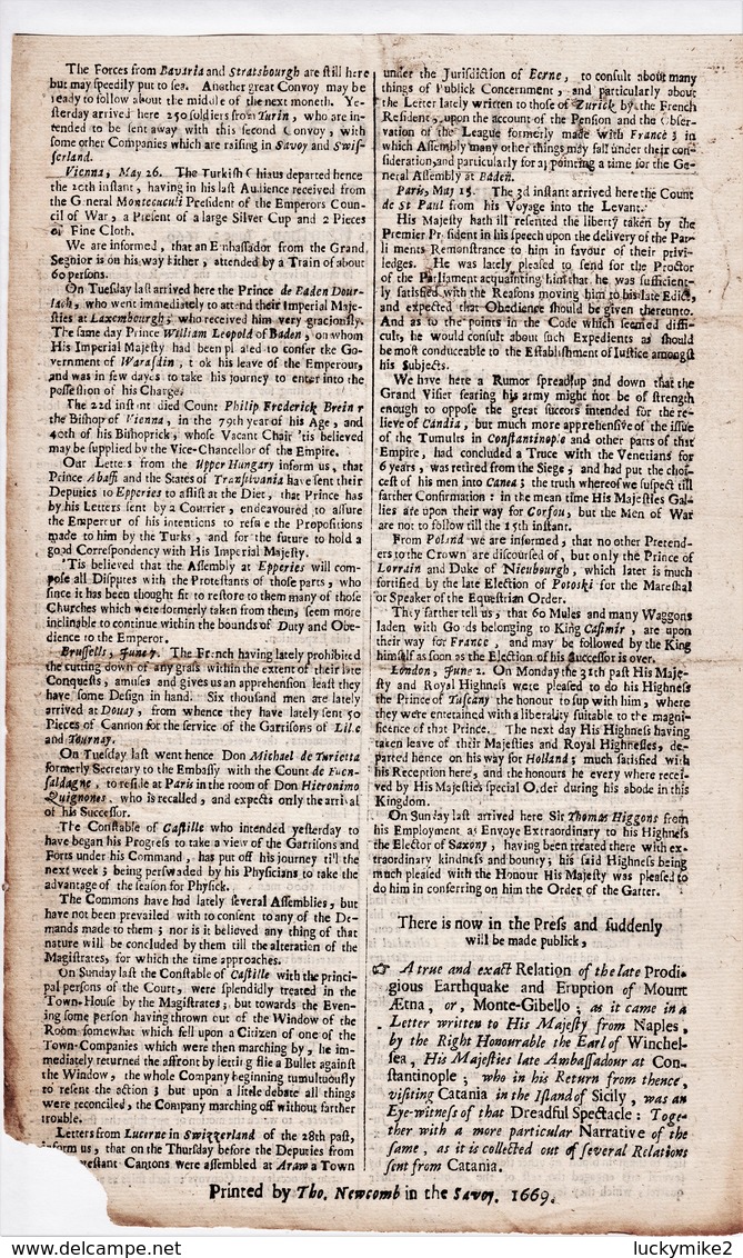 1669 London Gazette, Number 370,  An Early, Single Sheet Newspaper.  Ref 0581 - Historical Documents