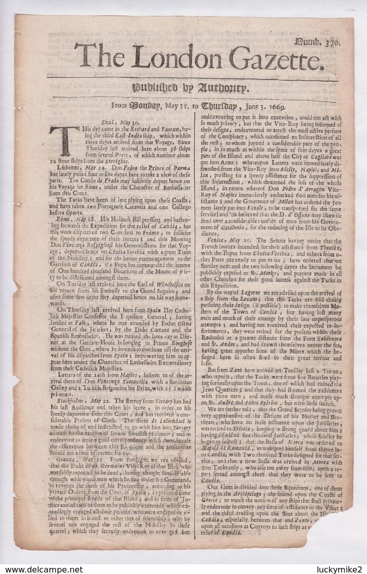 1669 London Gazette, Number 370,  An Early, Single Sheet Newspaper.  Ref 0581 - Historical Documents