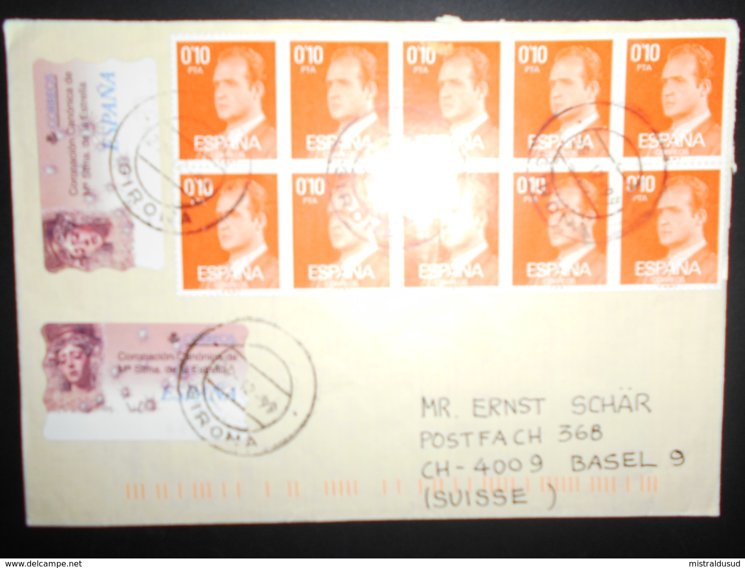 Espagne Lettre De Girona 1999 Pour Basel , Affranchis A 10 Timbres A 0,10 Et Vignette - Lettres & Documents