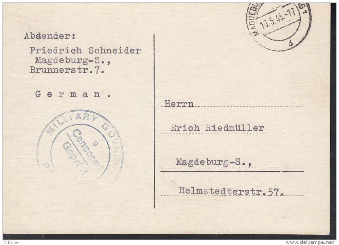 SBZ  Orts-Postkarte Ohne Gebühr Bezaht, Gestempelt: Magdeburg 19.6.1945, Zensur - Autres & Non Classés