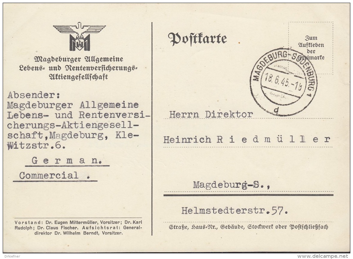 SBZ  Orts-Postkarte  Ohne Gebühr Bezahlt, Gestempelt: Magdeburg 18.6.1945 - Autres & Non Classés