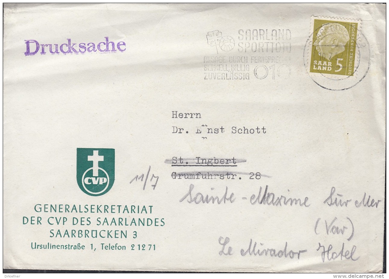 SAARLAND 384 EF Auf Drucksache, Stempel: Saarbrücken 10.7.1957 - Briefe U. Dokumente