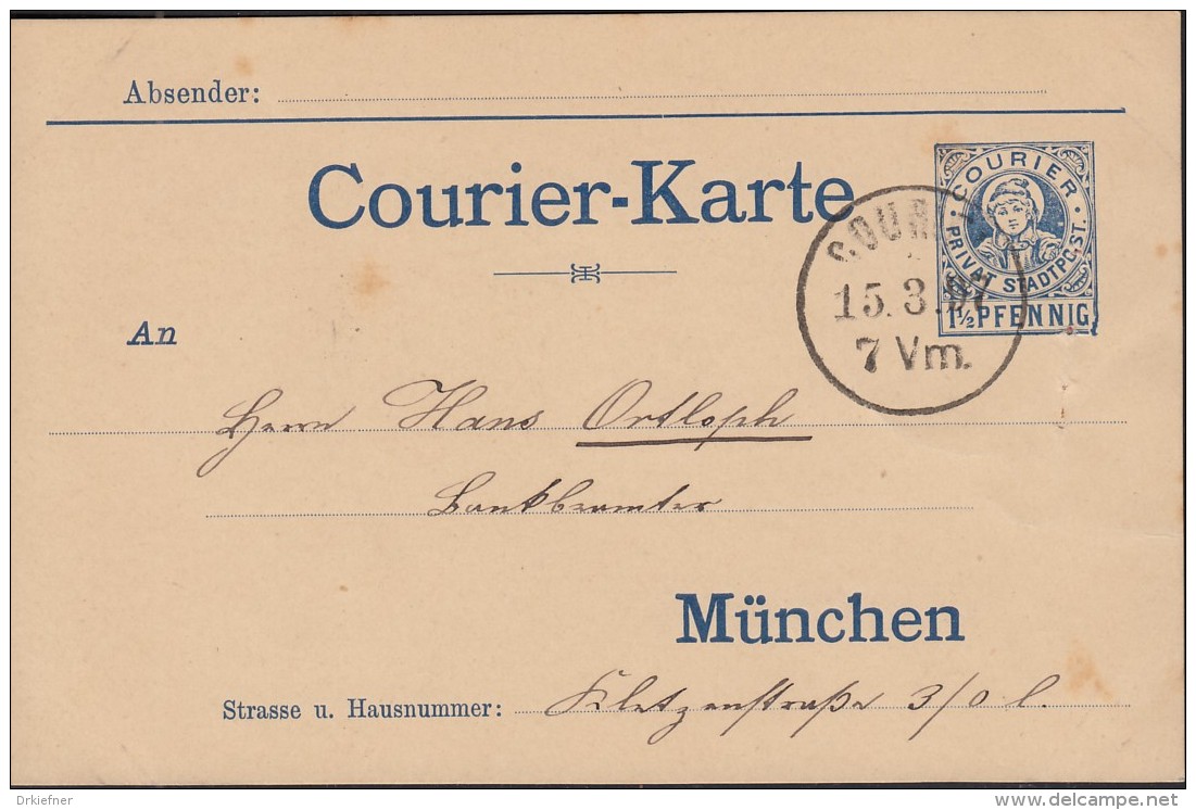 Stadtpost MÜNCHEN Courier-Karte 1 1/2 Pfennig, 15.3.1897 - Private & Lokale Post