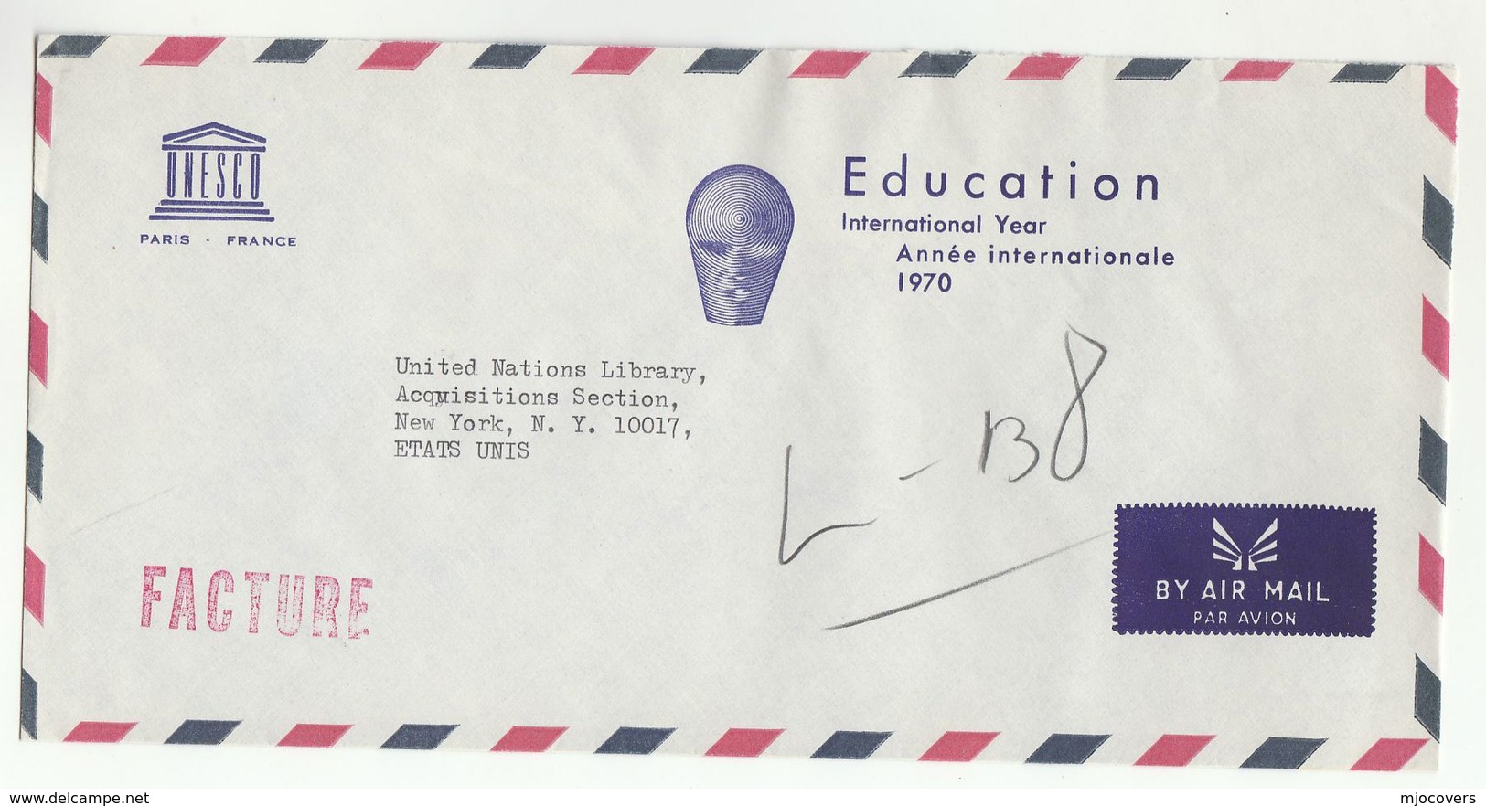 1970 UNESCO Paris COVER Illus EDUCATION YEAR France  To UN LIBRARY USA United Nations - UNESCO