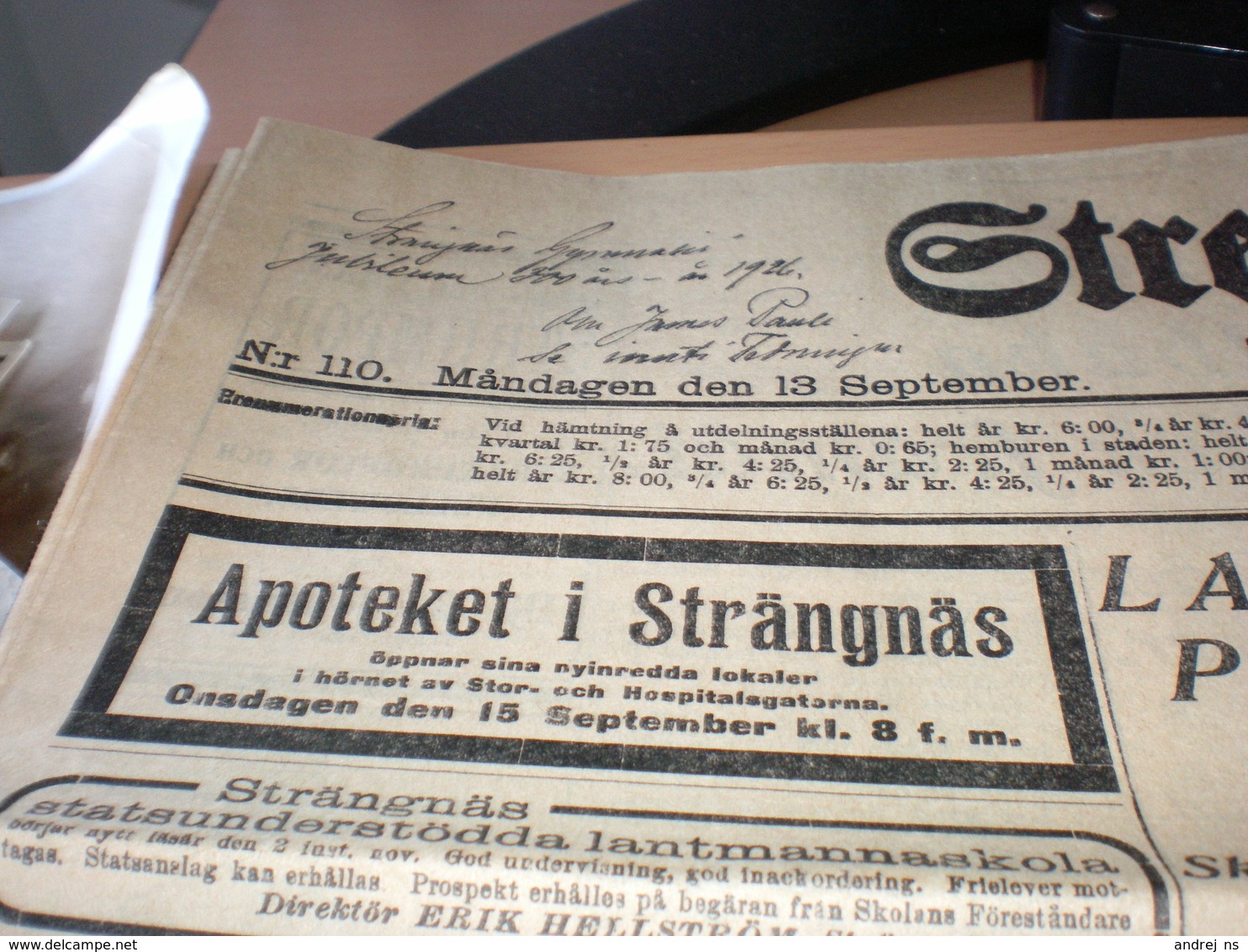 Strengnas Zidning ????  1926  13 September - Idiomas Escandinavos