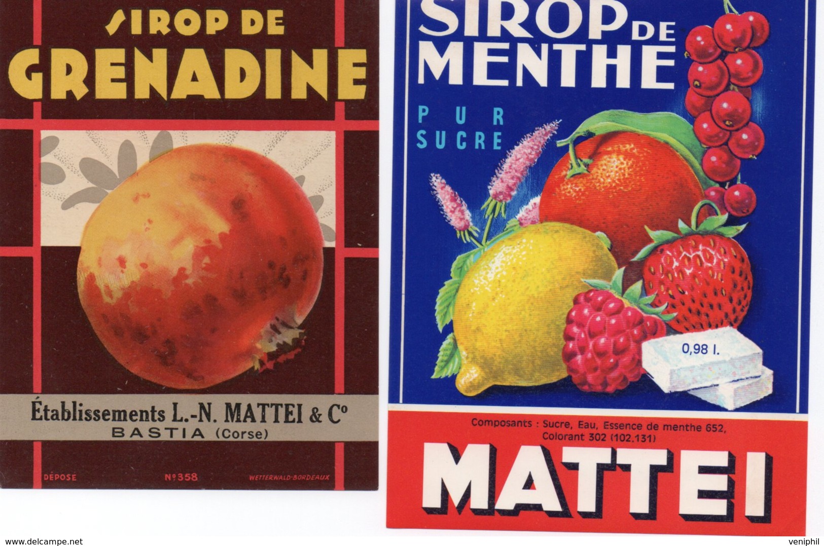 LOT DE 4 ETIQUETTES SIROPS  ET LIQUEURS-SOCIETE MATTEI -BASTIA -CORSE - Fruit En Groenten