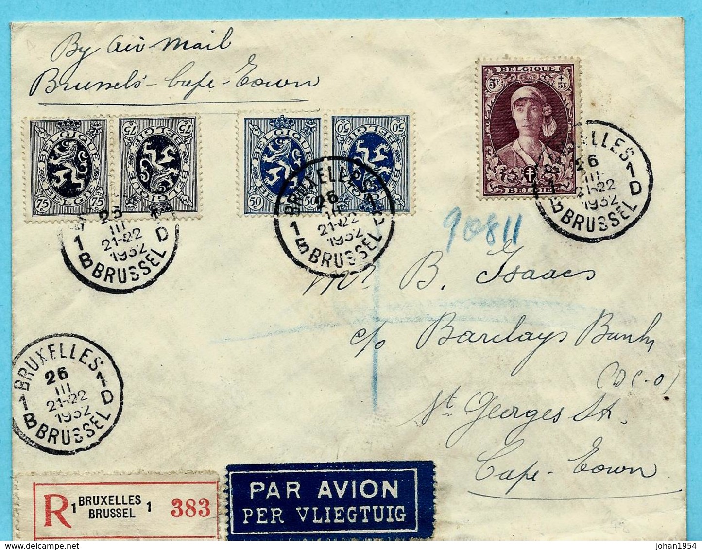 N° 332 + KP 8+11 Op Aanget. Zending, Afst. BRUXELLES 26/03/1932 Naar CAPE TOWN / KAAPSTAD 11/04/1932 - Covers & Documents