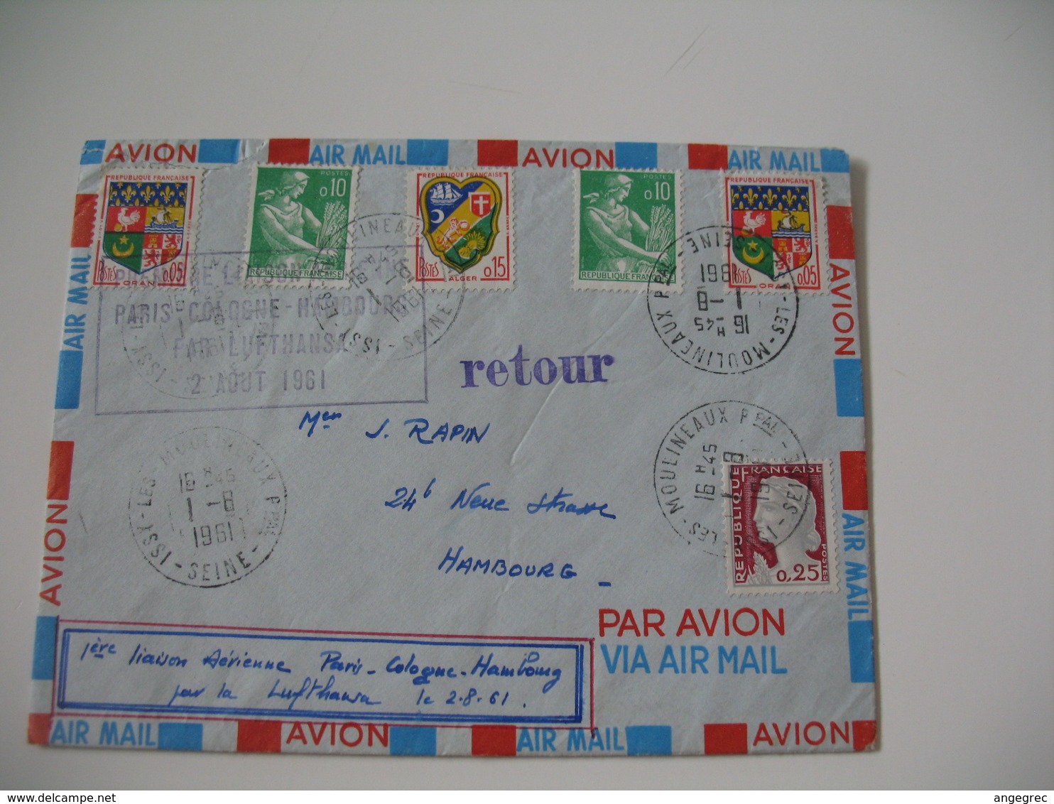 Enveloppe  1961   Cachet  Première Liaison Paris Cologne Hambourg Par La Lufthansa 2/8/1961  N°  1230A Et 1231 - 1961-....