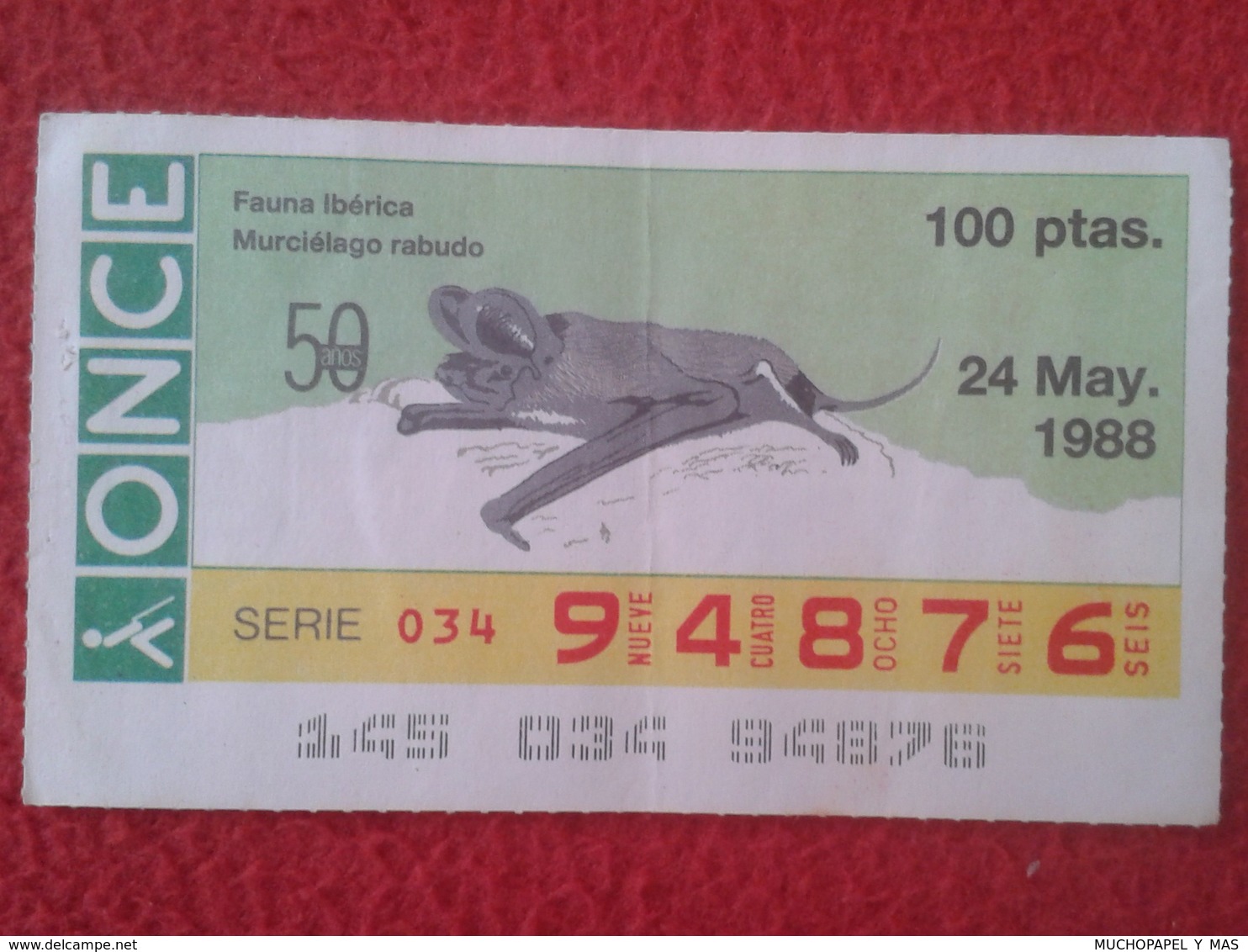 CUPÓN DE LA ONCE SPANISH LOTERY CIEGOS SPAIN LOTERÍA ESPAÑA BLIND 1988 FAUNA IBÉRICA ANIMALS MURCIÉLAGO RABUDO BAT VER - Lottery Tickets