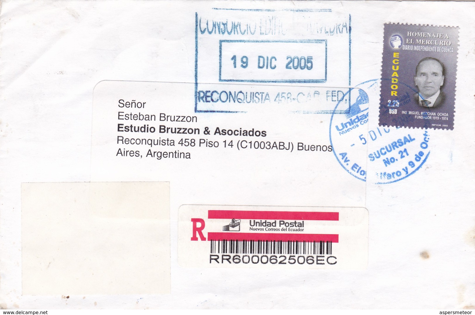 SOBRE ENVELOPE CIRCULEE ECUADOR TO ARGENTINA RECOMMANDE CIRCA 2005- BLEUP - Ecuador