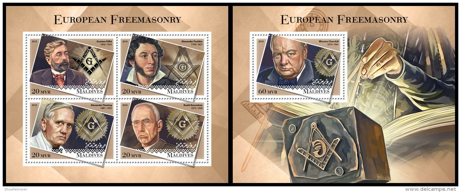 MALDIVES 2018 MNH** European Freemasonry Freimaurer Franc Macon M/S+S/S - OFFICIAL ISSUE - DH1834 - Massoneria