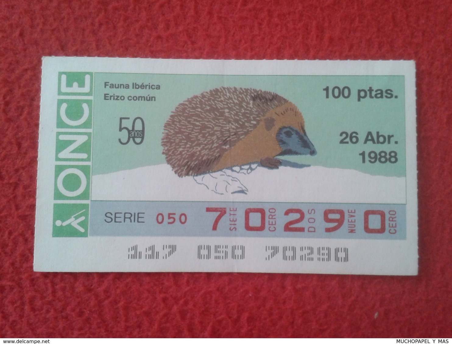 CUPÓN DE LA ONCE SPANISH LOTERY CIEGOS SPAIN LOTERÍA ESPAÑA BLIND 1988 FAUNA IBÉRICA ANIMALS ERIZO COMÚN HEDGEHOG VER FO - Billetes De Lotería