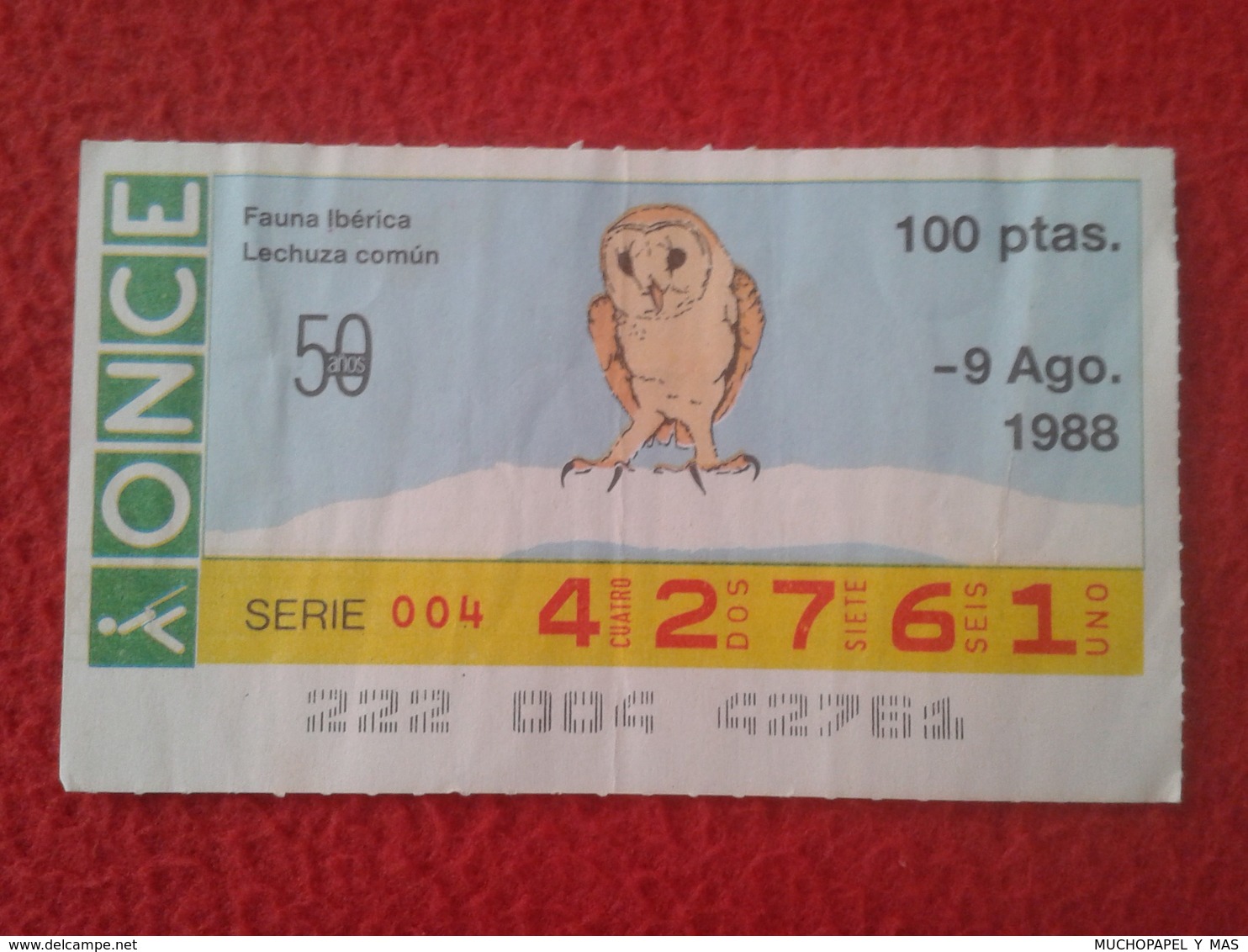 CUPÓN DE LA ONCE SPANISH LOTERY CIEGOS SPAIN LOTERÍA ESPAÑA BLIND 1988 FAUNA IBÉRICA ANIMALS LECHUZA COMÚN OWL VER FOTO - Lotterielose