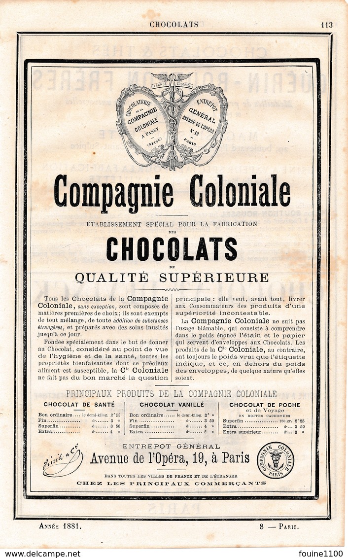 PUB 1881 Chocolats Guérin Boutron Frères Chocolat Devinck Compagnie Coloniale Pour La Fabrication Du Chocolats - 1800 – 1899