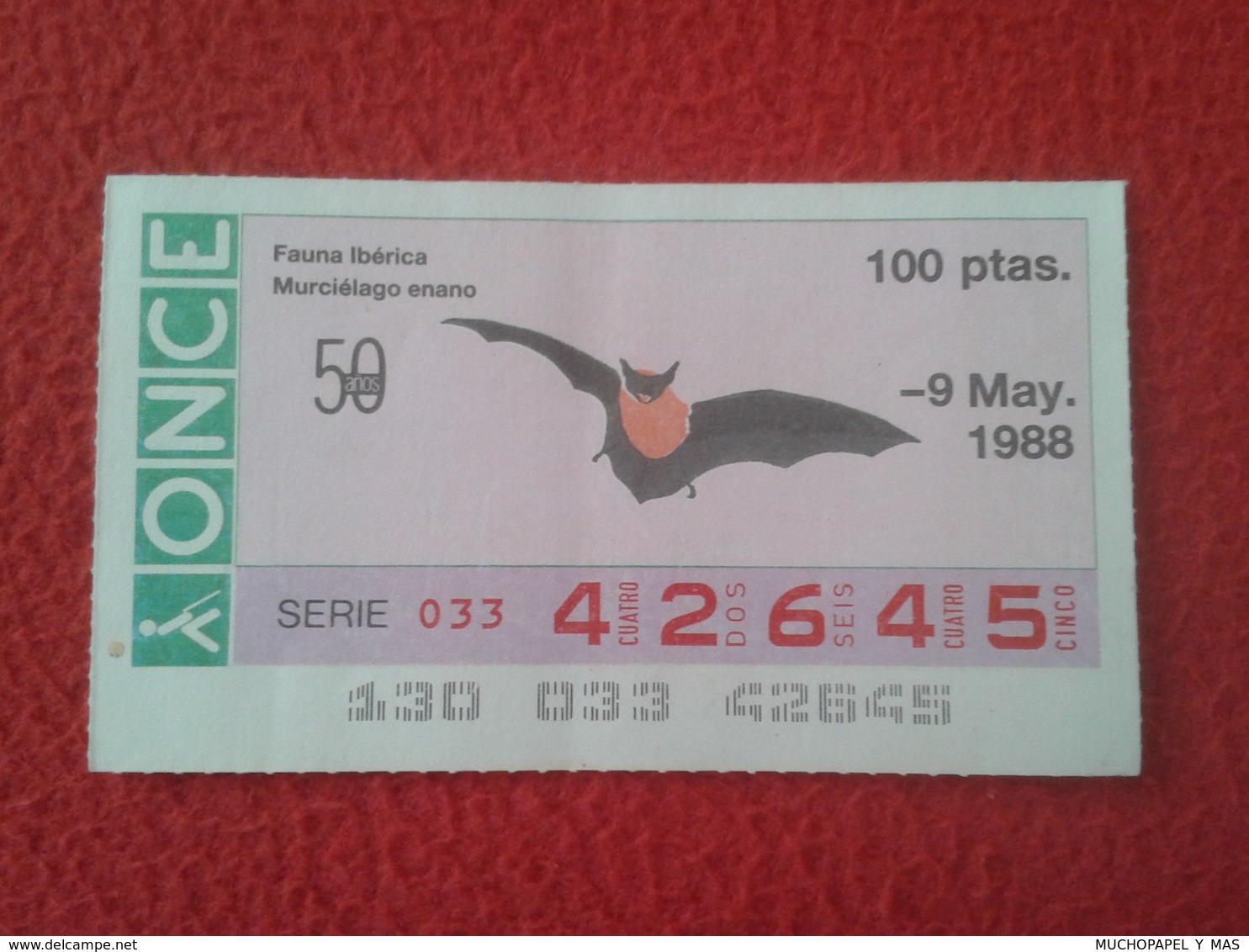 CUPÓN DE LA ONCE SPANISH LOTERY CIEGOS SPAIN LOTERÍA ESPAÑA BLIND 1988 FAUNA IBÉRICA ANIMALS MURCIÉLAGO ENANO BAT VER FO - Billets De Loterie