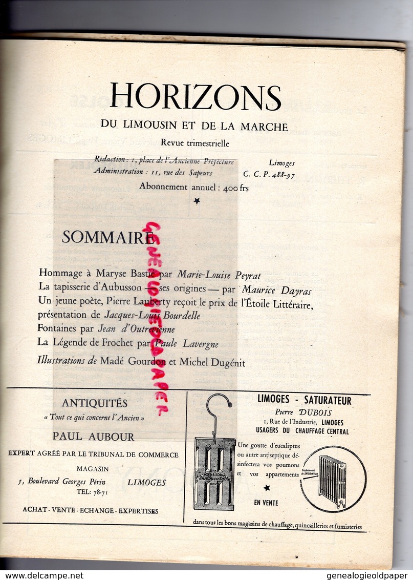 REVUE HORIZON LIMOUSIN ET MARCHE-1953- N° 13-AUBUSSON-BERNARDAUD-LIMOGES-MARYSE BASTIE-PIERRE LAUBERTY-BUSSIERE BOFFY - Limousin