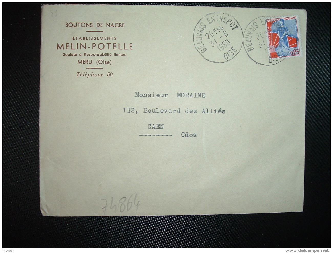 LETTRE TP MARIANNE A LA NEF 0,25 OBL.31-8 1960 BEAUVAIS ENTREPOT OISE (60) Ets MELIN POTELLE MERU BOUTONS DE NACRE - Poste Ferroviaire
