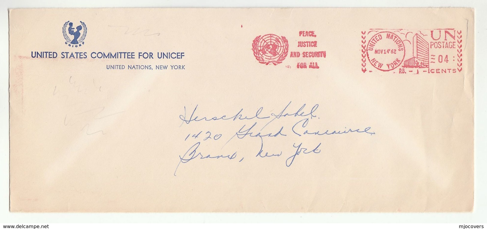 1962 'UNITED STATES COMMITTEE FOR UNICEF' COVER Illus METER SLOGAN  PEACE JUSTICE SECURITY FOR ALL  United Nations Un - Covers & Documents