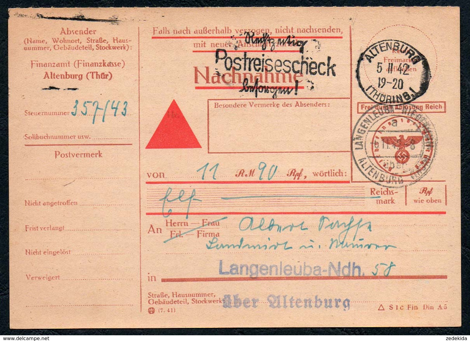 B6231 - Altenburg Langenleuba - Landpost Landpoststempel Zahlschein Nachnahme - Maschinenstempel (EMA)