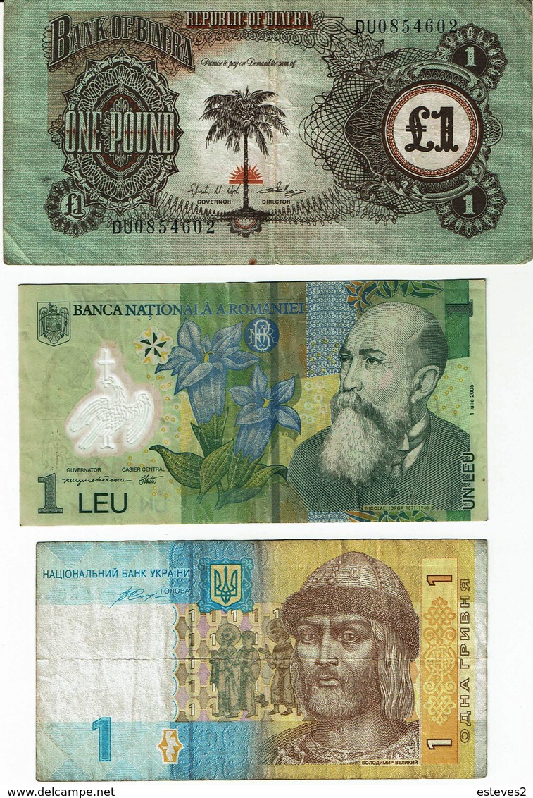 Biafra 1968 1 Pound , Romania 2005 1 Leu , Ukraine 2014 1 Hryvnia , Used - Lots & Kiloware - Banknotes