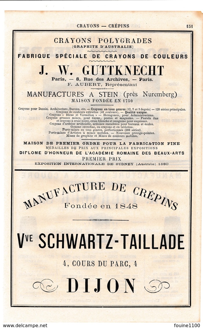 PUB 1881 Dentifrice Docteur Pierre Manufacture De Dés à Coudre Tourneur Crayons Guttknecht STEIN Schwartz Taillade DIJON - 1800 – 1899