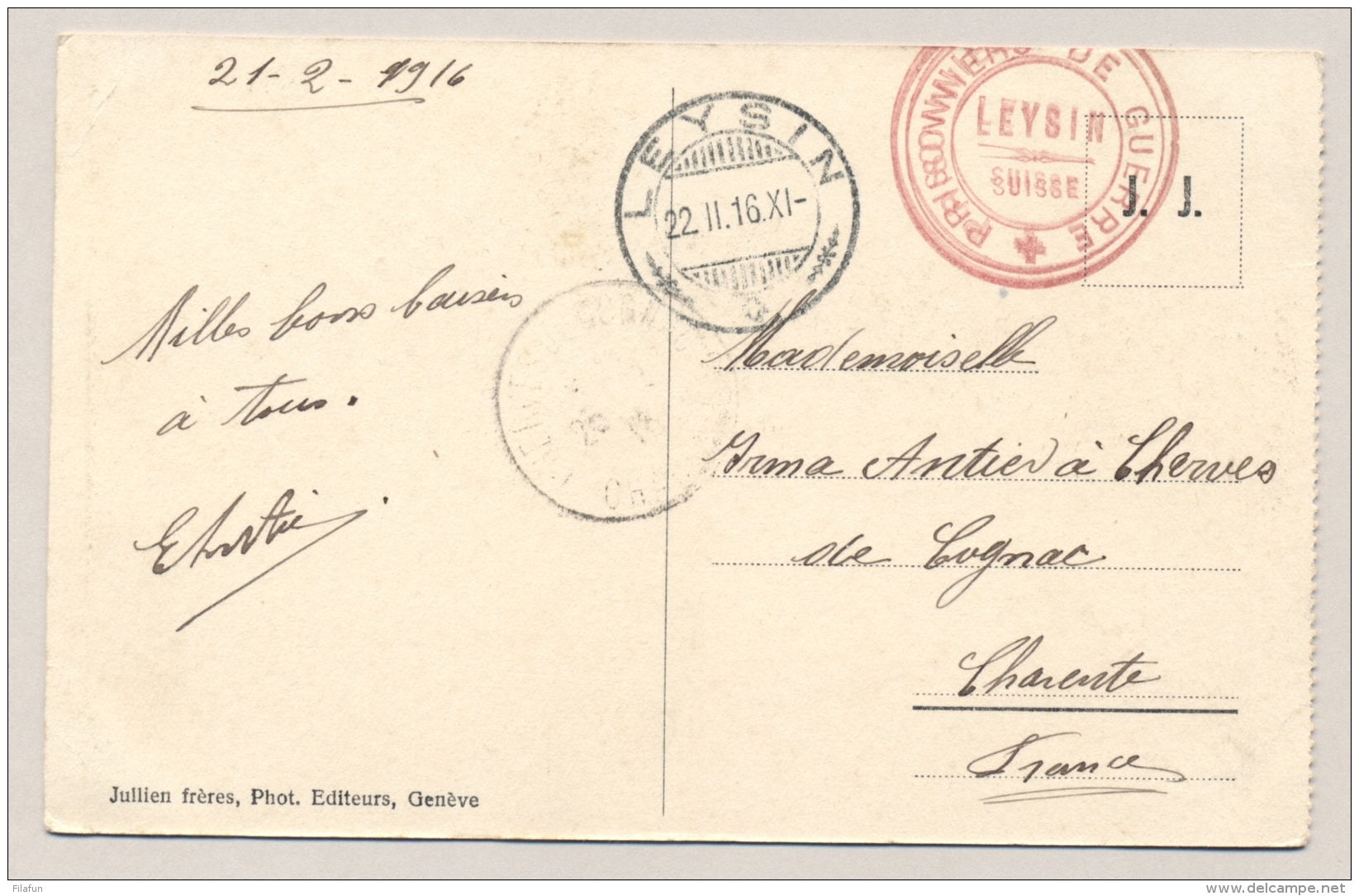 Schweiz - 1916 - POW-postcard From LEYSIN To Cognac / France - Documenten