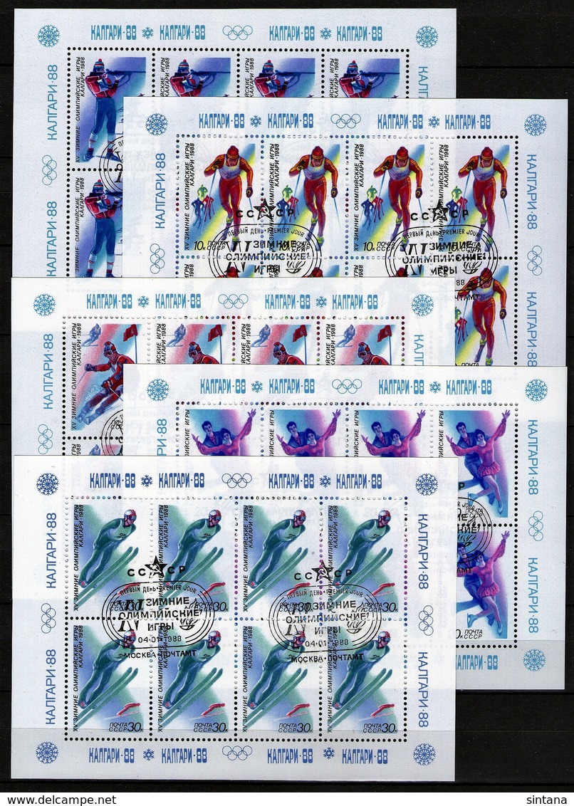 Sowjetunion/Russia 1988 Mi.5788-92 Olympiade Calgary 5 Kleinbögen/Sc.5627-31 A M/S Winter Olympics Gestempelt/used - Blocks & Sheetlets & Panes