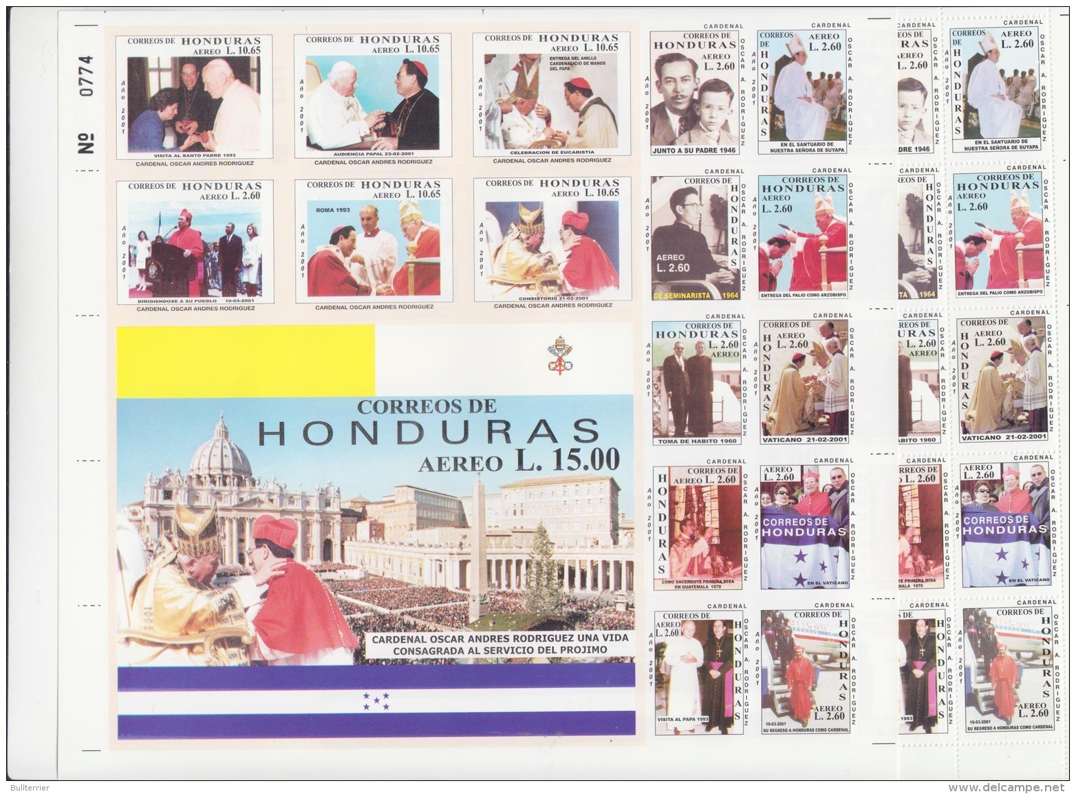 HONDURAS - 2001 - CARDINAL  ANDRES &amp; POPE JOHN PAUL II SHEETLET OF 17  IMPERF  MINT NEVER HINGED - Honduras