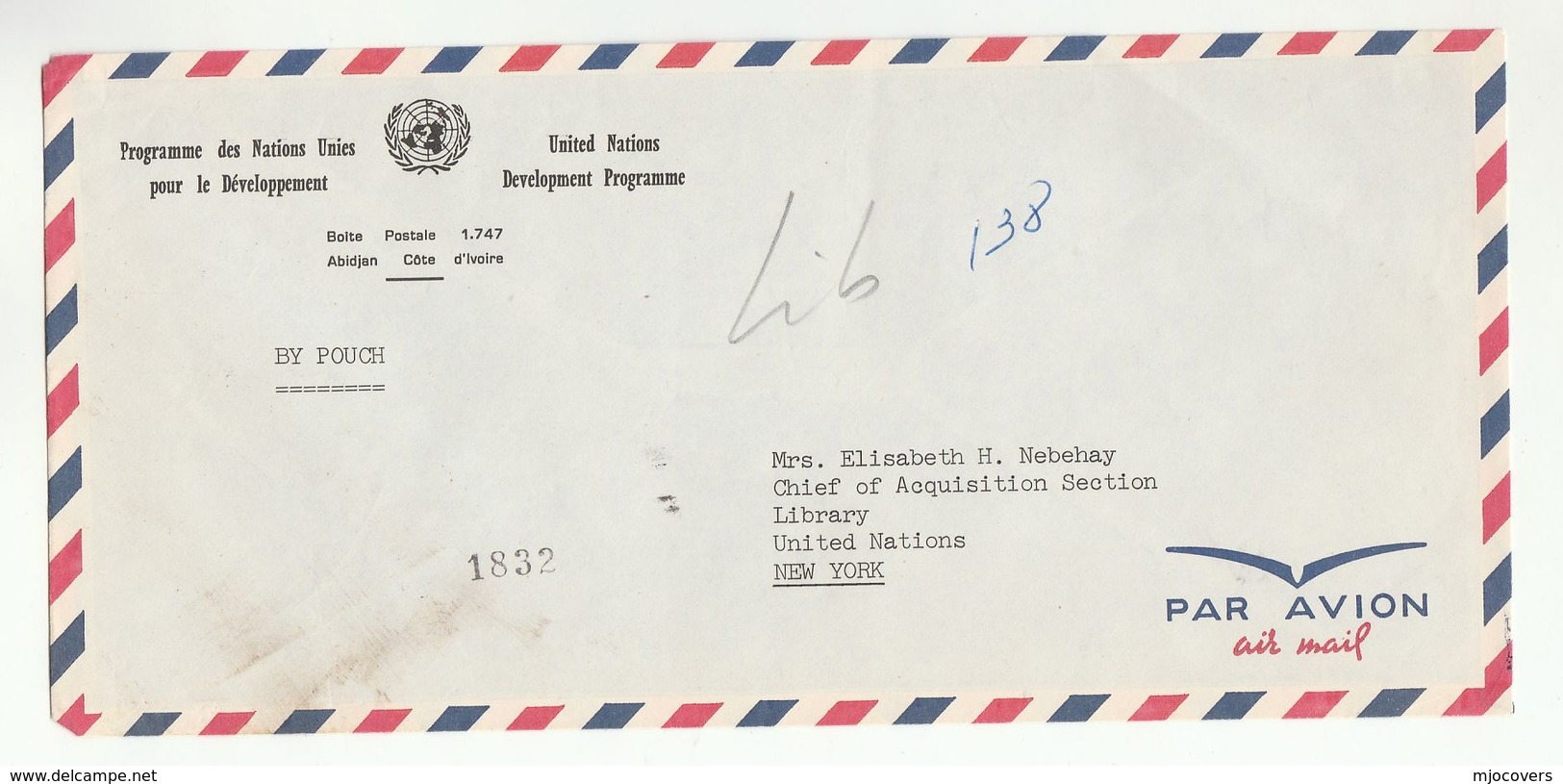 UN In IVORY COAST Via DIPLOMATIC BAG 'Pouch'  To UN NY USA  United Nations Cover Cote D'ivoire - Ivory Coast (1960-...)