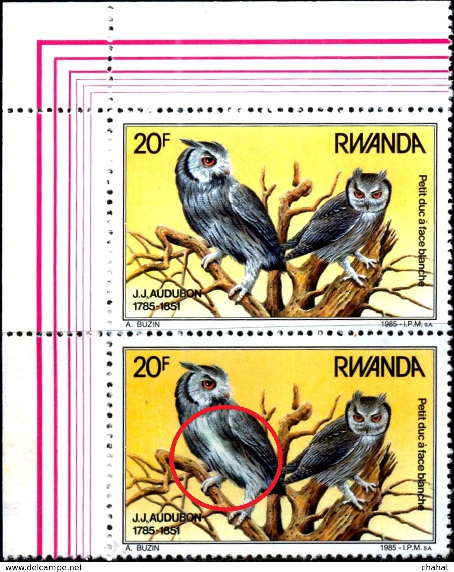 BIRDS-OWLS- NORTHERN WHITE FACED OWL -J J AUDUBON-CORNER PAIR-RWANDA-1985-MNH-H1-531 - Owls