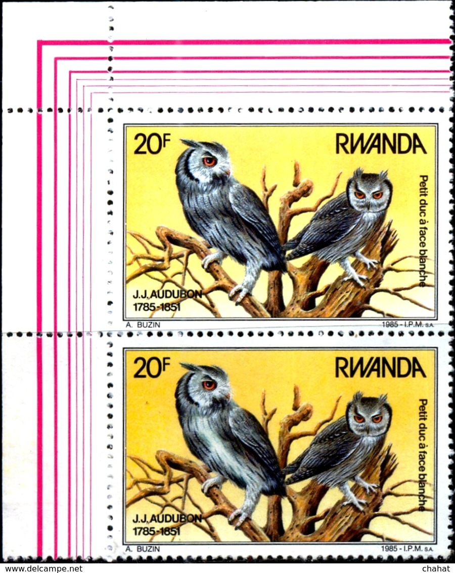 BIRDS-OWLS- NORTHERN WHITE FACED OWL -J J AUDUBON-CORNER PAIR-RWANDA-1985-MNH-H1-531 - Owls