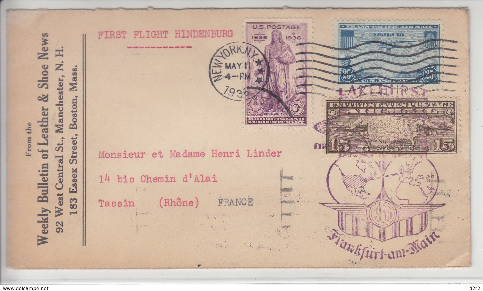 FIRST FLIGHT HINDENBOURG - LETTRE DES USA POUR LA FRANCE - CACHET SPECIAL DU VOL EN VIOLET - V/IMAGE - 1c. 1918-1940 Covers