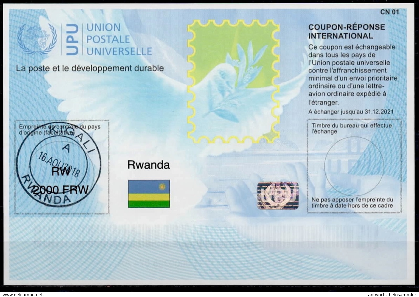 RWANDA RUANDA Is41A  2000 FRW  20180112 AA  International Reply Coupon Reponse Antwortschein IAS IRC Hologram O KIGALI - Sonstige & Ohne Zuordnung