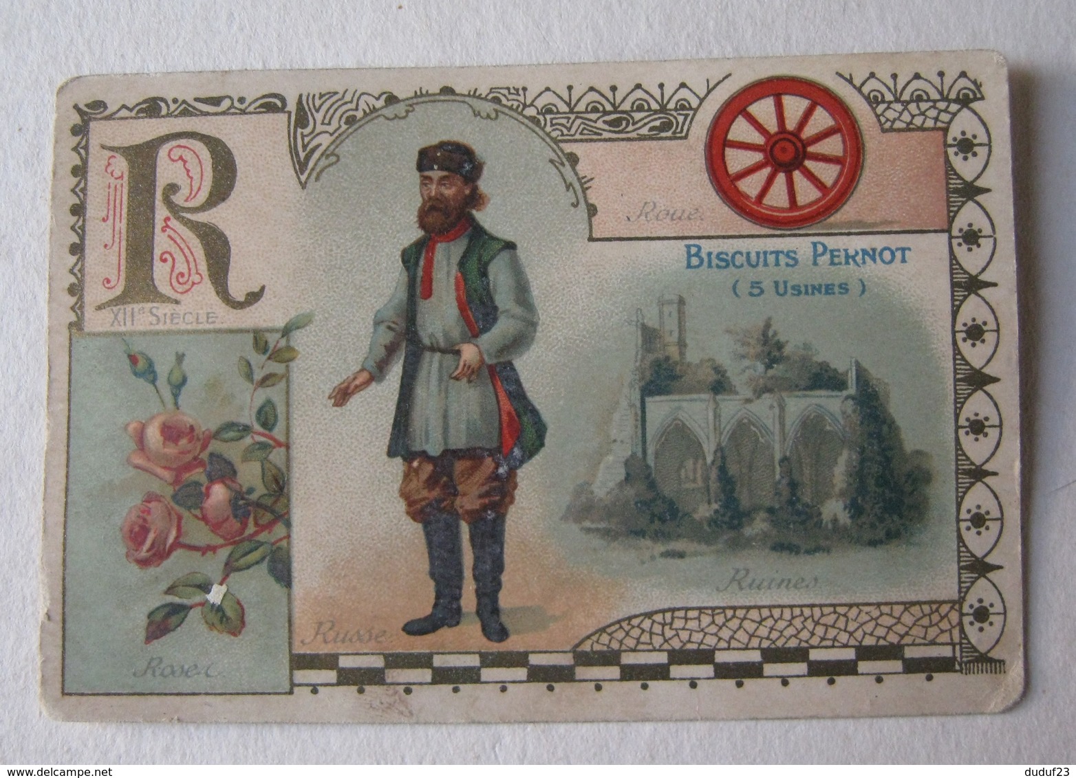 CHROMO BISCUITS PERNOT - ABECEDAIRE LETTRE R - ROSE RUSSE RUINE Lithographie Parisienne - Pernot