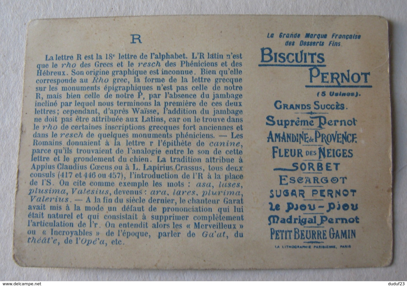 CHROMO BISCUITS PERNOT - ABECEDAIRE LETTRE R - ROSE RUSSE RUINE Lithographie Parisienne - Pernot