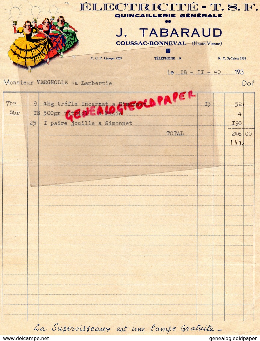 87 - COUSSAC BONNEVAL - RARE BELLE FACTURE J. TABARAUD- ELECTRICITE TSF- QUINCAILLERIE-1940 - Elektrizität & Gas