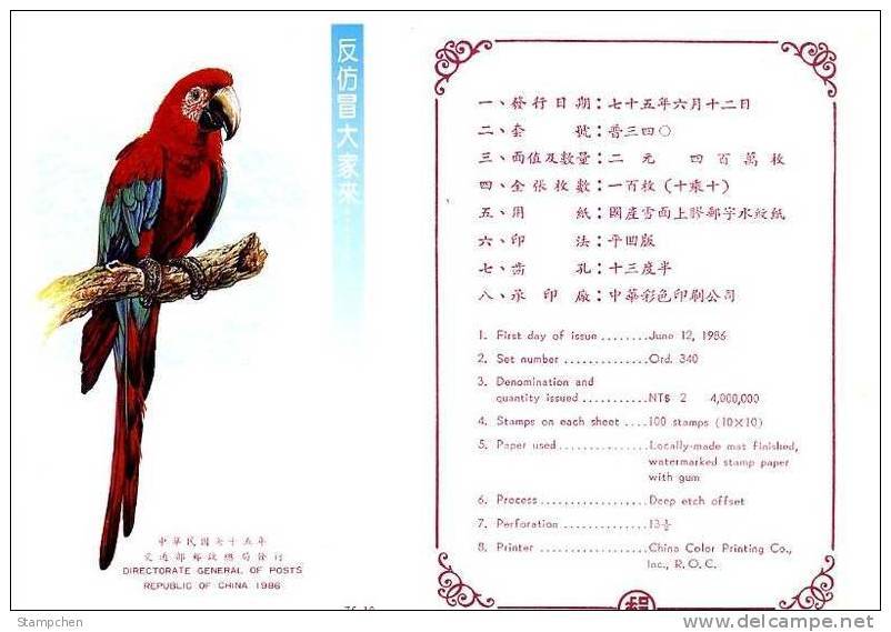 Folder 1986 Bird - Parrot Stamp Brand Fauna  Intellectual Property Right - Parrots