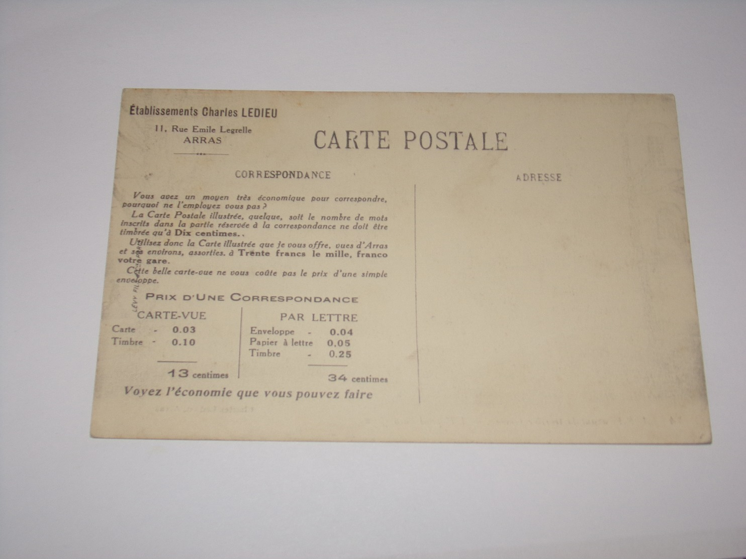Publicite Ets Charles Ledieu Vente De Cartes Postales Sur Cpa De Arras.L Hopital Saint Jean. - Arras