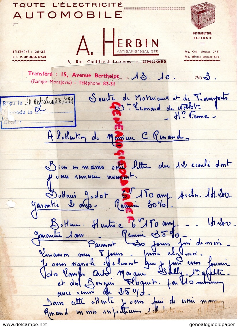 87- LIMOGES- FACTURE A. HERBIN-ELECTRICITE AUTO AUTOMOBILE-6 RUE GOUFFIRE LASTOURS- BATTERIE GADOT-1953 - Automobil