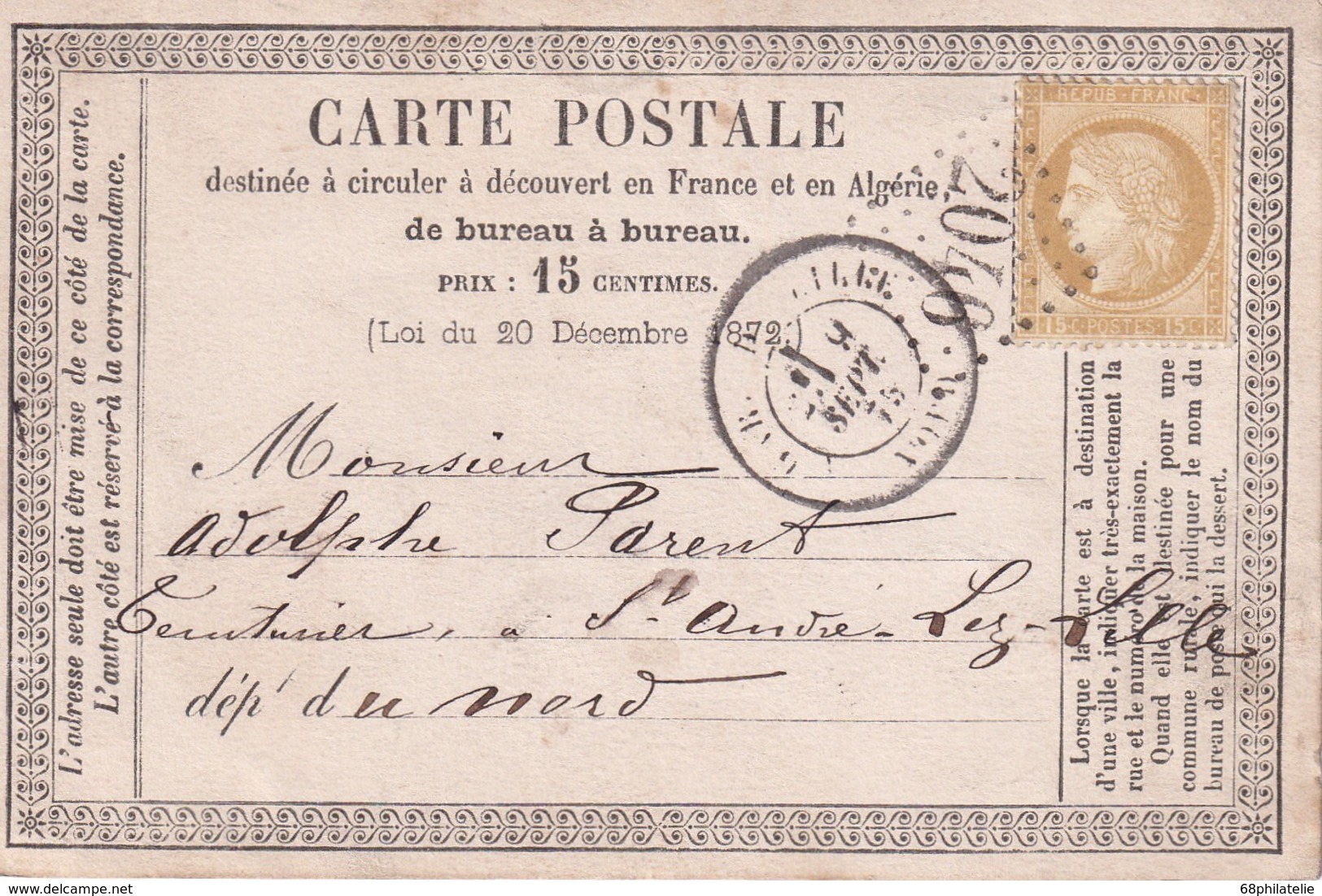 FRANCE 1875 ENTIER POSTAL CARTE PRECURSEUR DE LILLE - Cartes Précurseurs