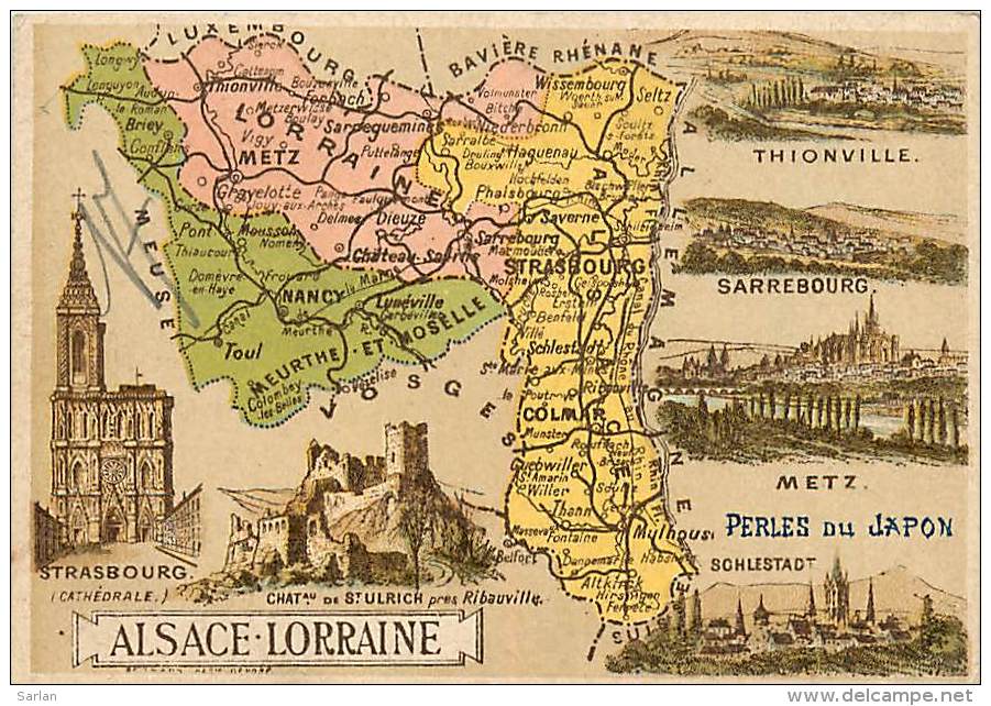 57 , Chromo , Carte Départementale De L' Alsace Lorraine ,  + Pub Perle Du Japon Au Dos , * 323 03 - Autres & Non Classés